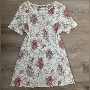 Vintage 80s Sheer Floral Lace Mini Dress Pink Cream Ruffled Hem
